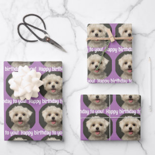 Cute Pet Photo Lavender Happy Birthday Wrapping Paper Sheet