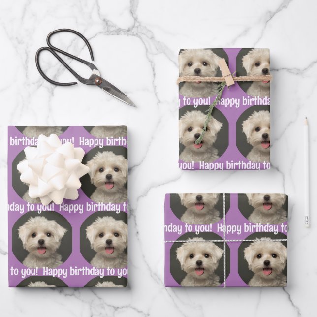 Cute Pet Photo Lavender Happy Birthday Wrapping Paper Sheet (Front)