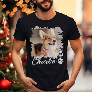 Cute Pet Photo Name & Paw Print Black T-Shirt