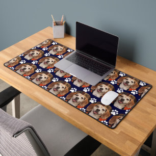 Cute Pet Photo Paw Print Navy Blue Desk Mat