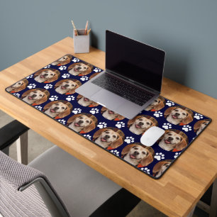 Cute Pet Photo Paw Print Navy Blue Desk Mat