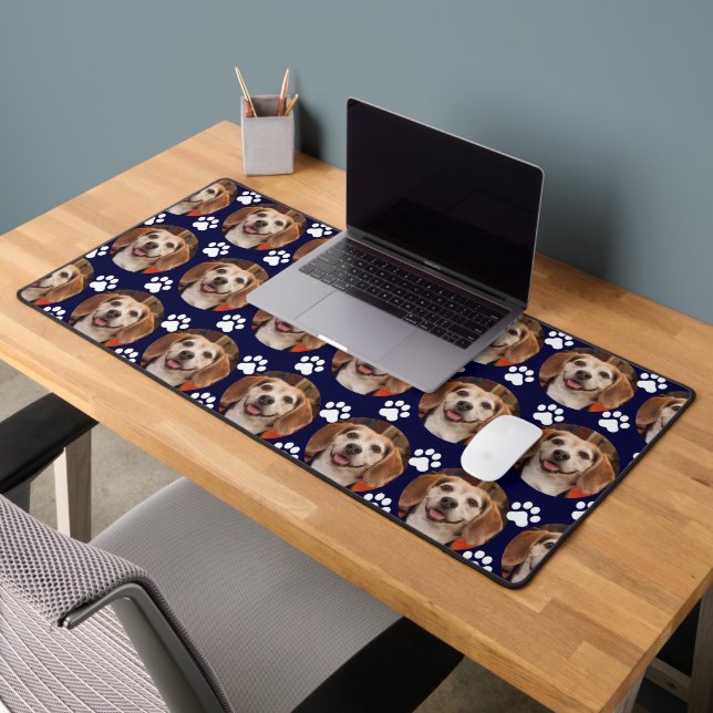 Cute Pet Photo Paw Print Navy Blue Desk Mat (Office 2)