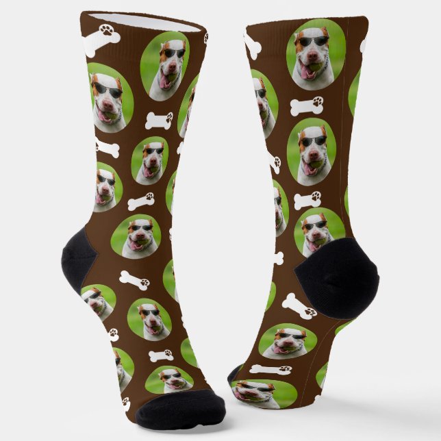 Cute Pet Photo & Paw Prints Bone Black Dog Cat Socks (Angled)