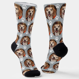 Cute Pet Photo & Paw Prints Cat Dog Grey Socks