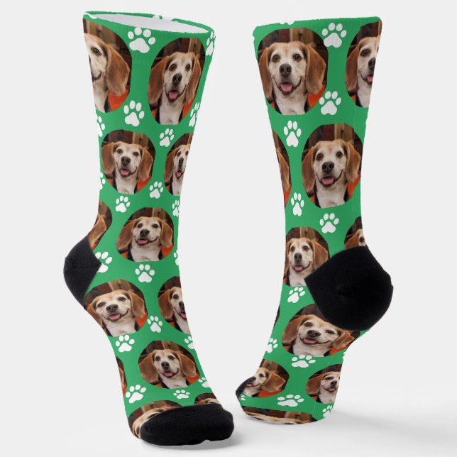 Cute Pet Photo & Paw Prints Cat or Dog Sea Green Socks (Angled)