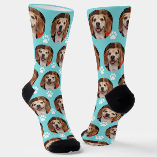 Cute Pet Photo Paw Prints Custom Turquoise Socks