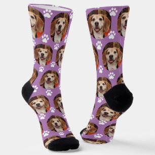 Cute Pet Photo & Paw Prints Dog or Cat Lavender Socks