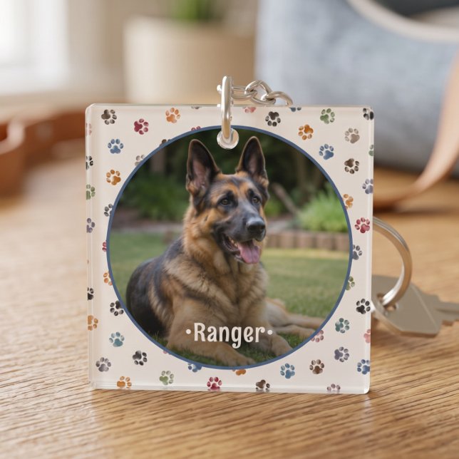 Cute Pet Photo Paw Prints Keepsake Keychain (Creator Uploaded)