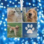 Cute Pet Photo Personalized Dog Owner Christmas Glass Ornament<br><div class="desc">This beautiful puppy pet photo Christmas ornament is personalized with adorable pictures of your sweet boy dog. Customize this cute gift with your own custom pup photographs around a cool blue square with a cute white paw print and your dog's name in the centre.</div>