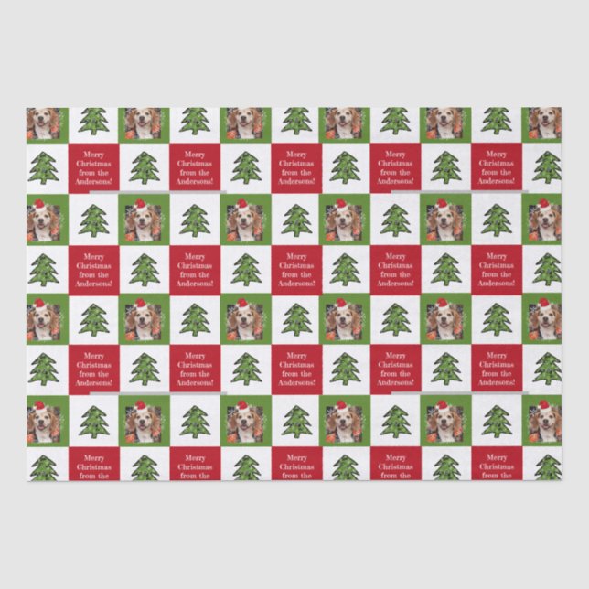 Cute Pet Photo Red Green Christmas Tree Your Name Tissue Paper (Front)