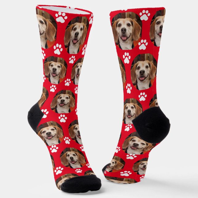  Cute Pet Photo Red & White Paw Prints Custom  Socks (Angled)