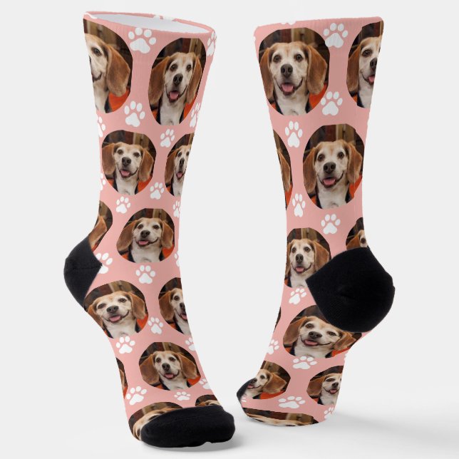  Cute Pet Photo Rose Gold Paw Prints Custom  Socks (Angled)