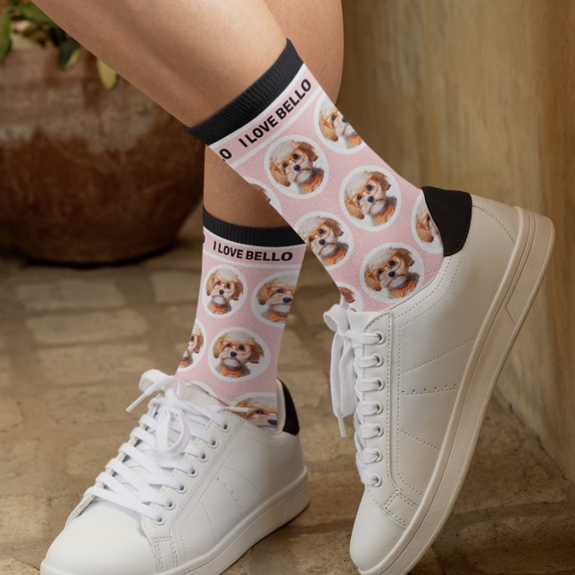 Cute Pet Photo Rose Pink Custom Name Crew Socks (Creator Uploaded)