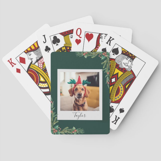 Cute Pet Photo Script Festive Dog Christmas Playing Cards (Back)