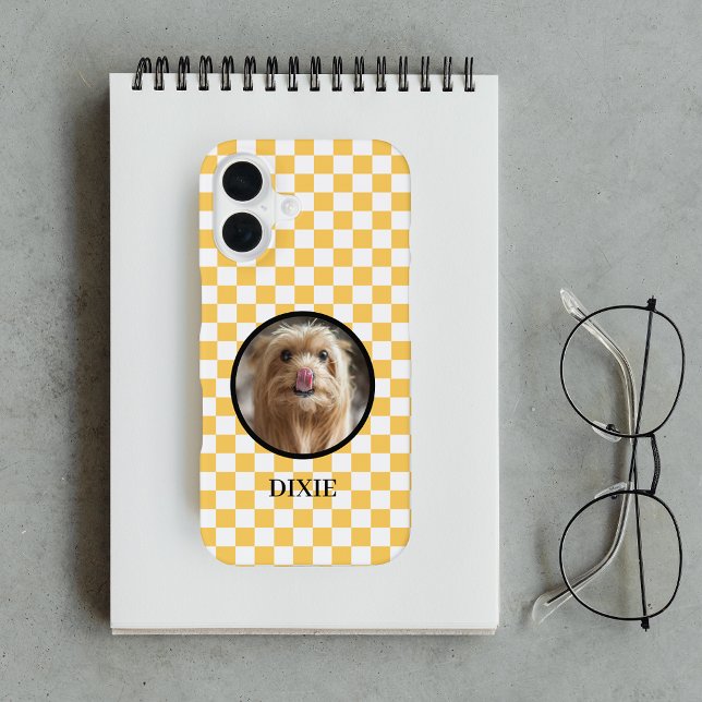 Cute Pet Photo Yellow Chequered  iPhone 16 Case (Creator Uploaded)