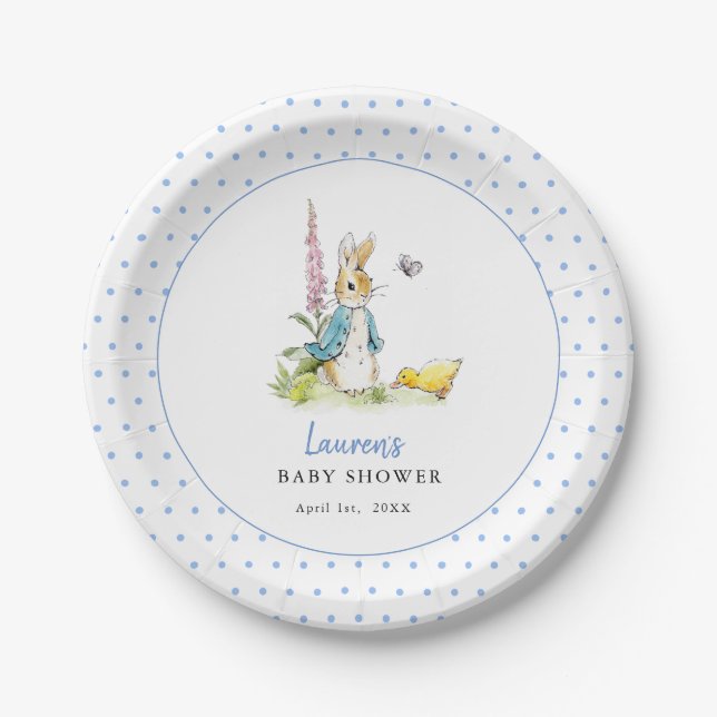 Cute Peter Rabbit Baby Boy shower Blue Paper Plate (Front)
