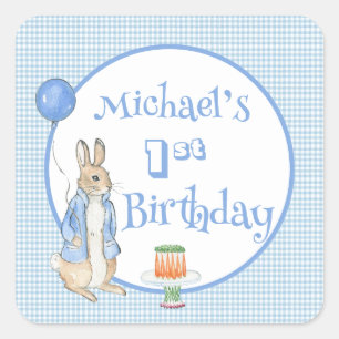Cute Peter Rabbit Blue One First Birthday Party Square Sticker