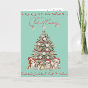 Cute Pets Christmas Aqua   Folded Greeting Card