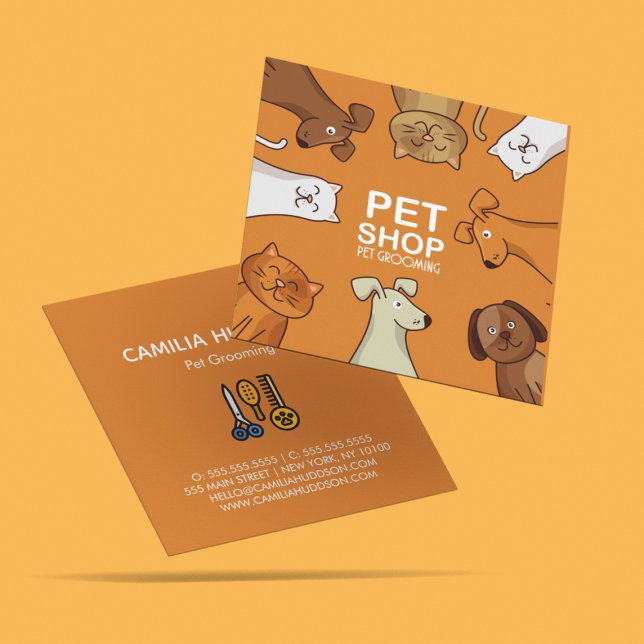 Cute Pets Shop Dogs Cats Grooming Care Services  Square Business Card (Creator Uploaded)