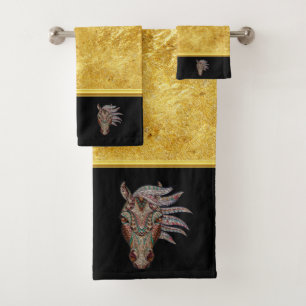 Cute pfergekopf metallized horse head gold foil bath towel set