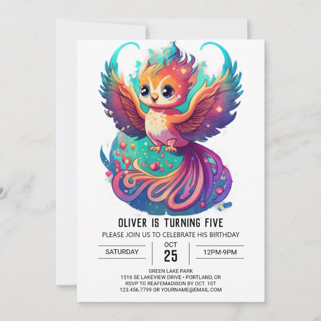 Cute Phoenix Watercolor Birthday invitation (Front)