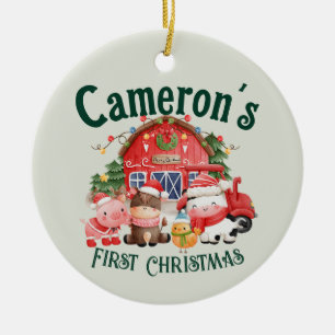 Cute Photo Christmas Farm Animals on Green Ceramic Ornament