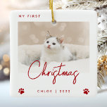 Cute Photo Kitten 1st Christmas Paw Prints Red Ceramic Ornament<br><div class="desc">Celebrate your kitten's first Christmas with this modern minimalist photo keepsake ornament. The red text reads "My first Christmas, " with the word "Christmas" in trendy handwriting script. Easily replace the sample image with your favourite photo, and add your kitten's name and the year below, framed by a pair of...</div>