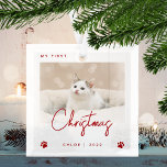 Cute Photo Kitten 1st Christmas Paw Prints Red Glass Ornament<br><div class="desc">Celebrate your kitten's first Christmas with this modern minimalist photo keepsake ornament. The red text reads "My first Christmas, " with the word "Christmas" in trendy handwriting script. Easily replace the sample image with your favourite photo, and add your kitten's name and the year below, framed by a pair of...</div>