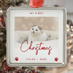 Cute Photo Kitten 1st Christmas Paw Prints Red Metal Ornament<br><div class="desc">Celebrate your kitten's first Christmas with this modern minimalist photo keepsake ornament. The red text reads "My first Christmas, " with the word "Christmas" in trendy handwriting script. Easily replace the sample image with your favourite photo, and add your kitten's name and the year below, framed by a pair of...</div>