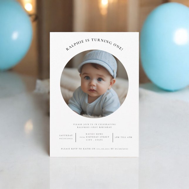 cute  photo  minimal first birthday party invitation (modern simple elegant minimal,kids birthday invitation,boy girl children kids baby,)
