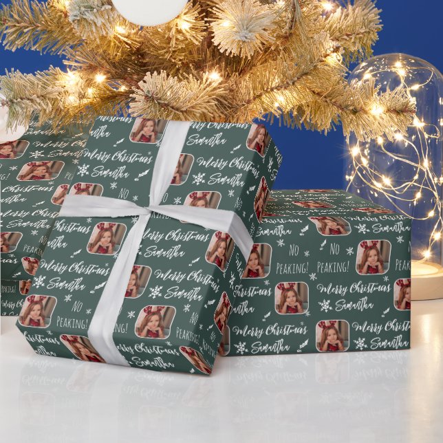 Cute photo no peaking Christmas pattern green Wrapping Paper (Holidays)