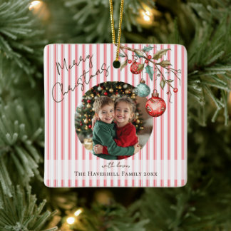 Cute Photo Pink Stripes Watercolor Merry Christmas Ceramic Ornament
