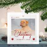 Cute Photo Puppy 1st Christmas Paw Prints Red Glass Ornament<br><div class="desc">Celebrate your puppy's first Christmas with this modern minimalist photo keepsake ornament. The red text reads "My first Christmas, " with the word "Christmas" in trendy handwriting script. Easily replace the sample image with your favourite photo, and add your puppy's name and the year below, framed by a pair of...</div>