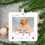 Cute Photo Puppy 1st Christmas Paw Prints Red Metal Ornament<br><div class="desc">Celebrate your puppy's first Christmas with this modern minimalist photo keepsake ornament. The red text reads "My first Christmas, " with the word "Christmas" in trendy handwriting script. Easily replace the sample image with your favourite photo, and add your puppy's name and the year below, framed by a pair of...</div>