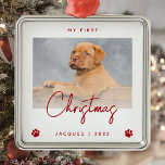 Cute Photo Puppy 1st Christmas Paw Prints Red Metal Ornament<br><div class="desc">Celebrate your puppy's first Christmas with this modern minimalist photo keepsake ornament. The red text reads "My first Christmas, " with the word "Christmas" in trendy handwriting script. Easily replace the sample image with your favourite photo, and add your puppy's name and the year below, framed by a pair of...</div>