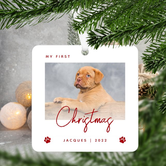 Cute Photo Puppy 1st Christmas Paw Prints Red Metal Ornament (Creator Uploaded)