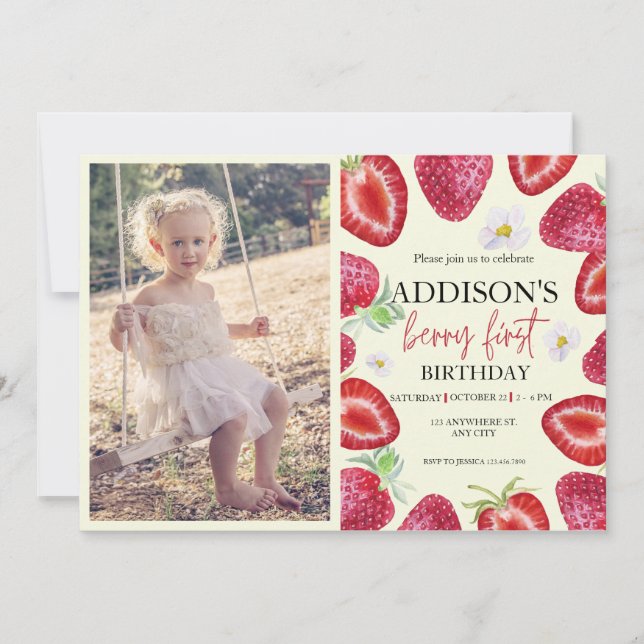 Cute Photo Red Blue Berry Sweet 1st Birthday Invitation (Front)