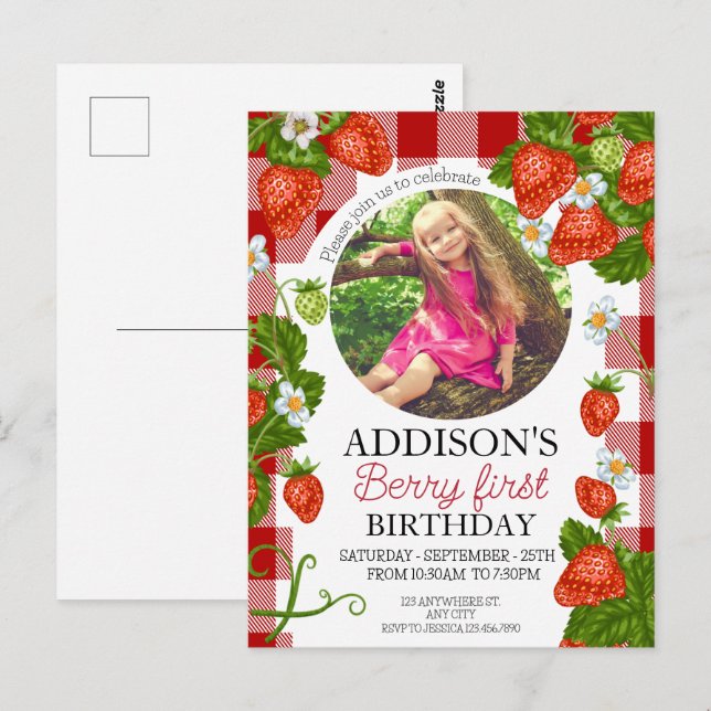 Cute Photo Red Blue Berry Sweet 1st Birthday Postcard (Front/Back)