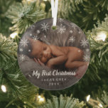 Cute Photo Snowflakes Baby First Christmas Glass Ornament<br><div class="desc">Did you have a baby this year? Add a memory to your tree with this cute keepsake ornament featuring a modern and simple design with snowflakes and the message, "My First Christmas" in chalk script along with your baby's name and the year, over your favourite newborn photo. A gender neutral...</div>