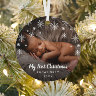 Cute Photo Snowflakes Baby First Christmas Metal Ornament