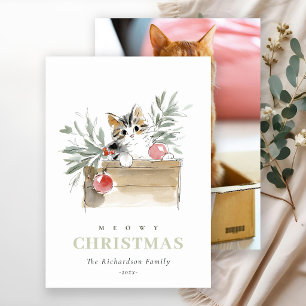 Cute Photo Watercolor Meowy Christmas Box Cat Holiday Card