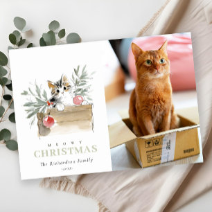 Cute Photo Watercolor Meowy Christmas Box Cat Holiday Card