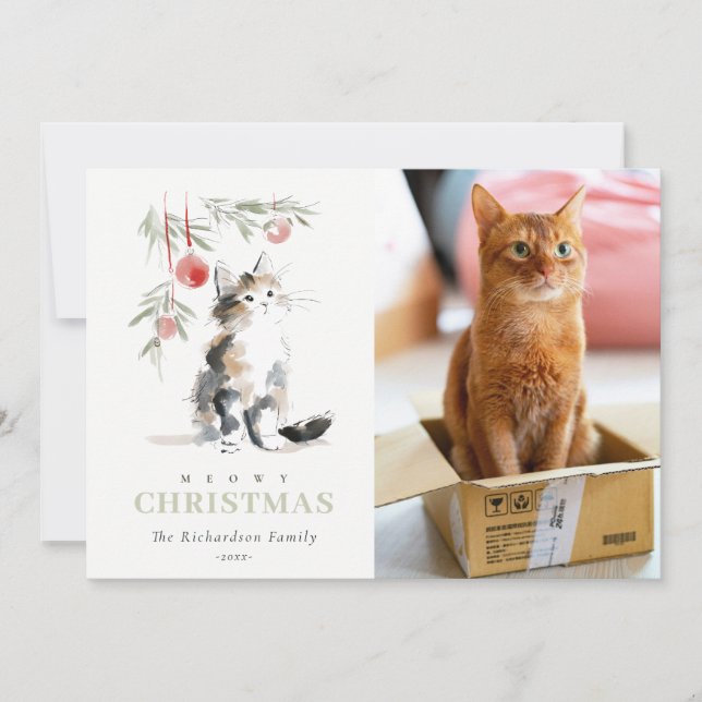 Cute Photo Watercolor Meowy Christmas Tree Cat Holiday Card (Front)