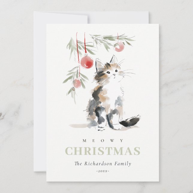 Cute Photo Watercolor Meowy Christmas Tree Cat Holiday Card (Front)