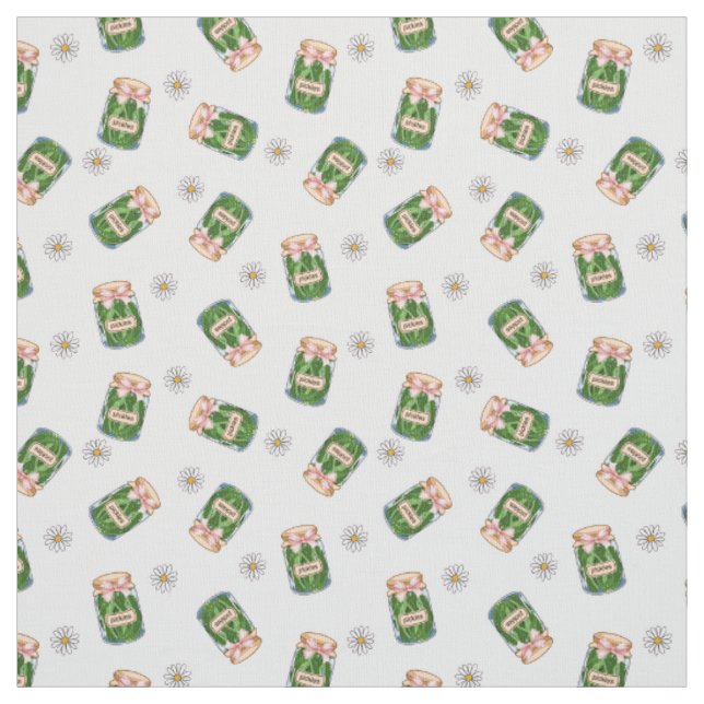 Cute Pickle Jar & Daisy Seamless Pattern Fabric (Swatch)
