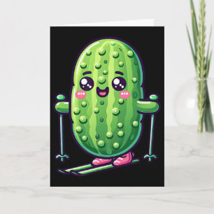 Cute Pickle On Skis Kawaii Skiing Mountain Vibes Card