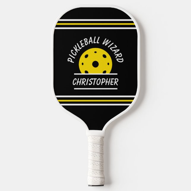Cute Pickleball Wizard Name Ball Black Yellow Pro  Paddle (Front)