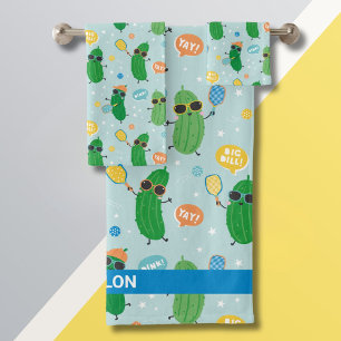 Cute Pickles playing Pickleball on light blue Bath Towel Set