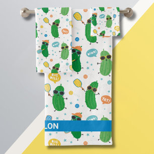 Cute Pickles playing Pickleball on white Bath Towel Set