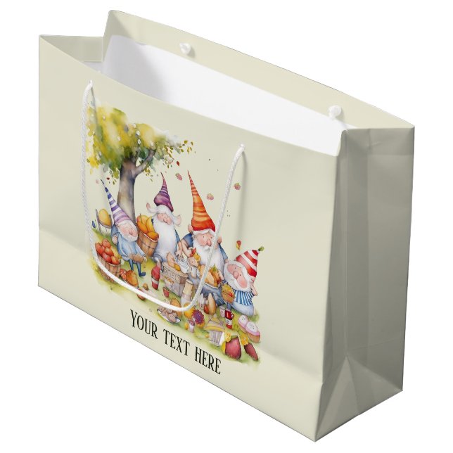 Cute picnic gnomes add message  large gift bag (Front Angled)